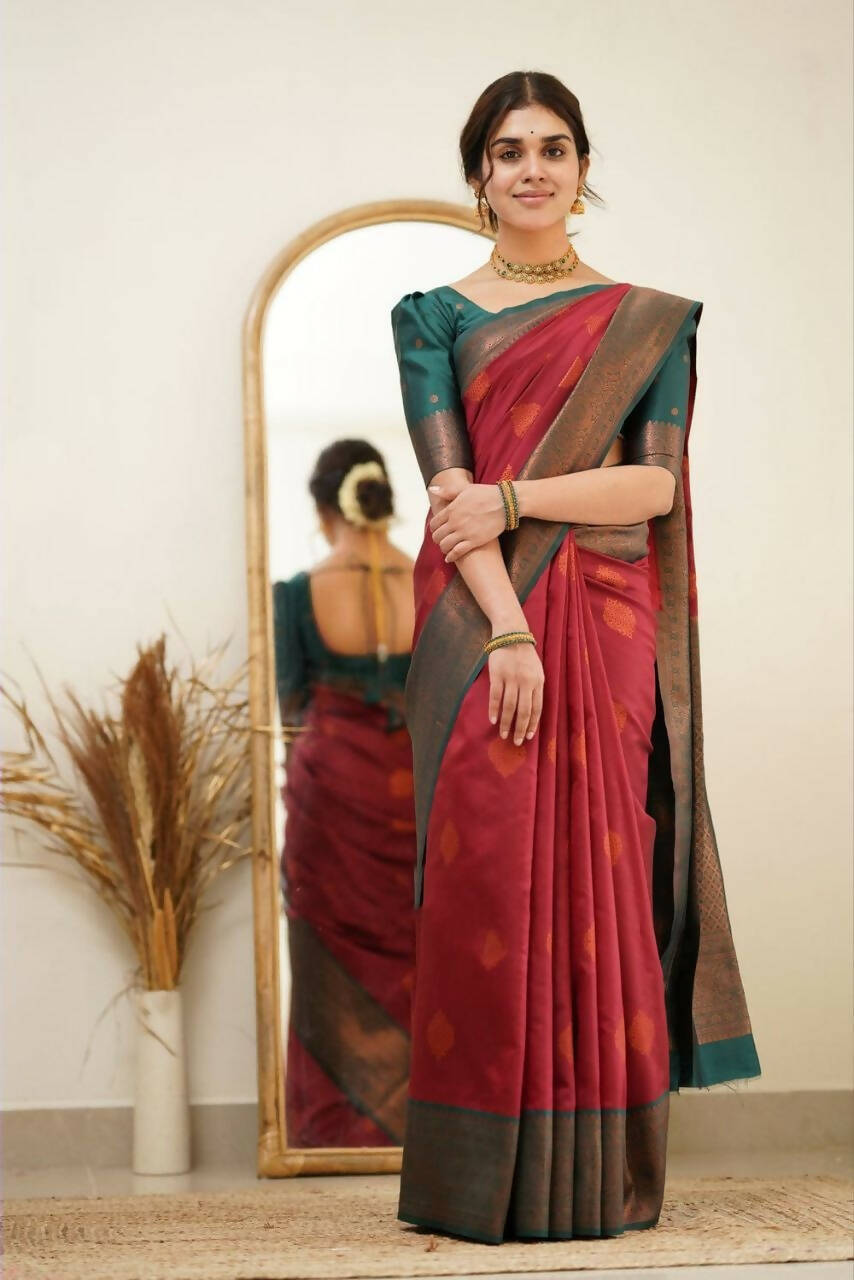 DEIANA'S Beautiful Designer Golden zari Soft Lichi Silk Saree - Maroon | Grocsy