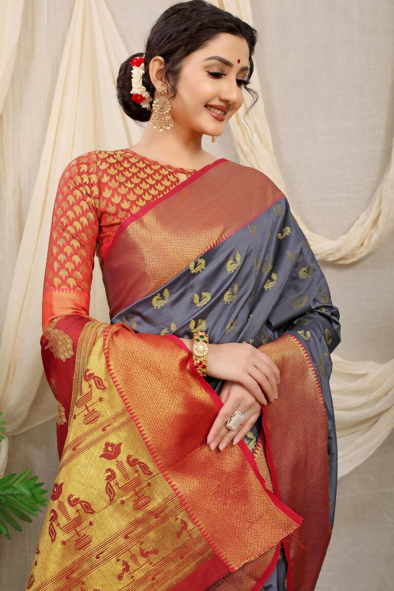 Jyoti Fashion Women's Grey Banarasi Silk Zari Woven Saree with Blouse | Grocsy