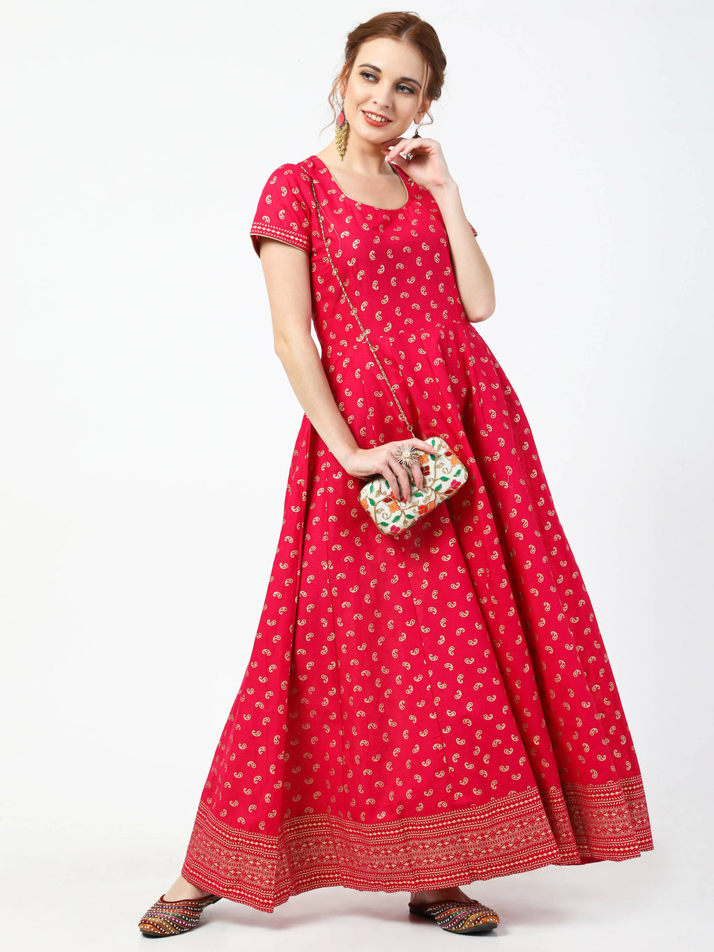 Cheera Women's Deep Pink Cotton & Silk Hand Block Print Long Dress With Silk Dupatta Set | Grocsy