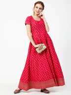 Cheera Women's Deep Pink Cotton & Silk Hand Block Print Long Dress With Silk Dupatta Set | Grocsy
