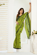 Vastranavya Olive Digital Printed Linen Ready To Wear Designer Saree with Unstitched Blouse | Grocsy