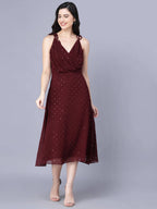 Myshka Georgette Solid Sleeveless Shoulder Straps Maroon Women Dress | Grocsy