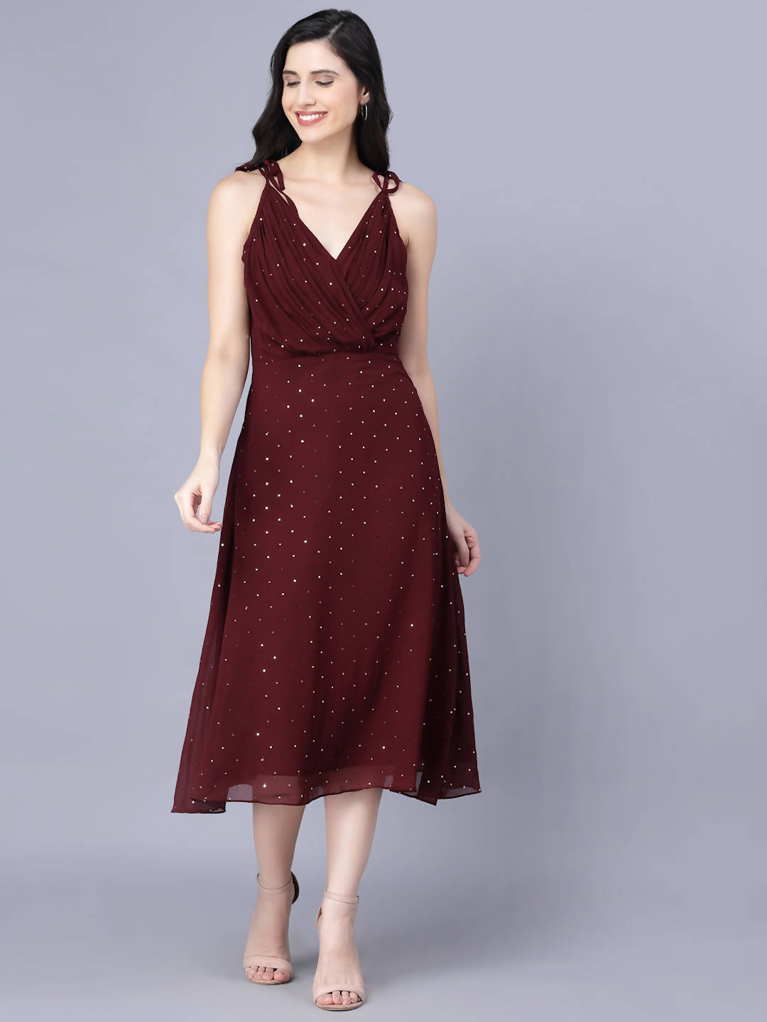 Myshka Georgette Solid Sleeveless Shoulder Straps Maroon Women Dress | Grocsy