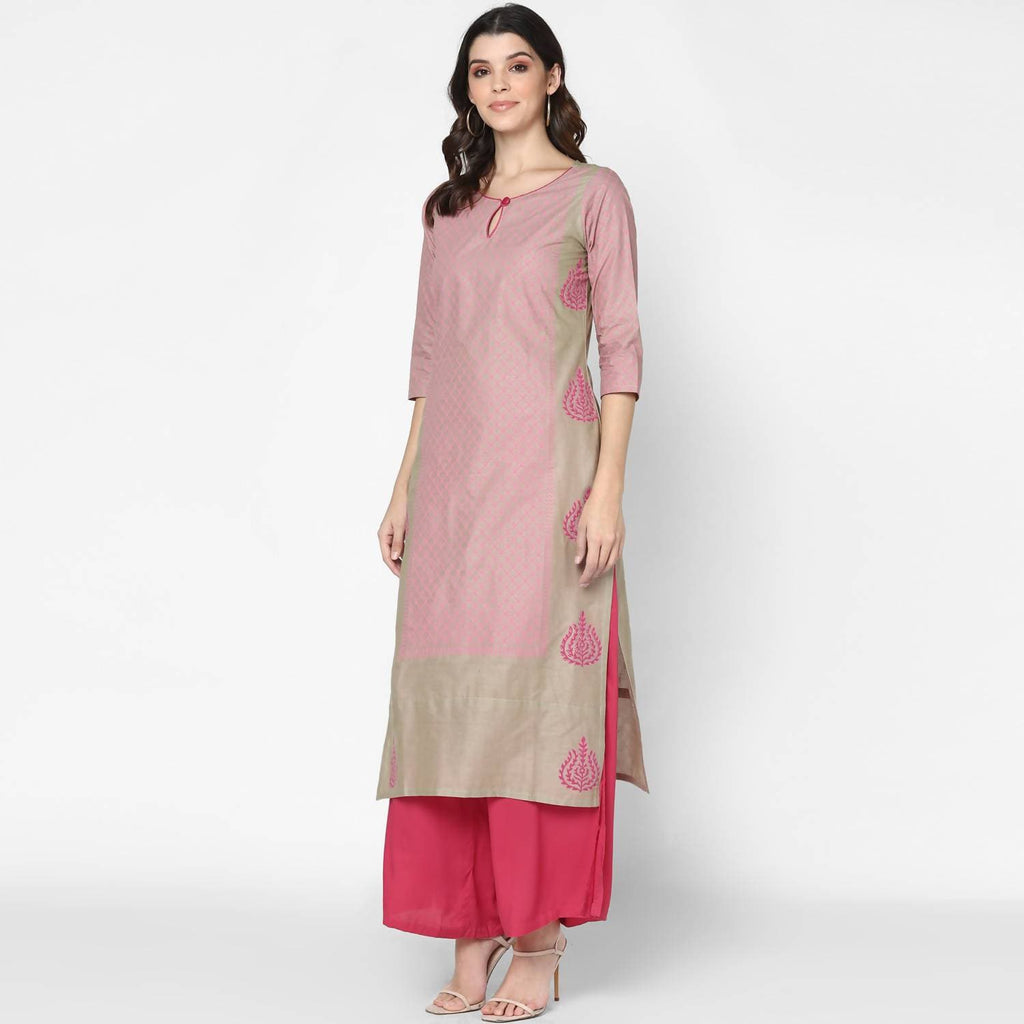 Cheera Hand Block Print Khaki Straight Kurta (MAAI-051K) | Grocsy