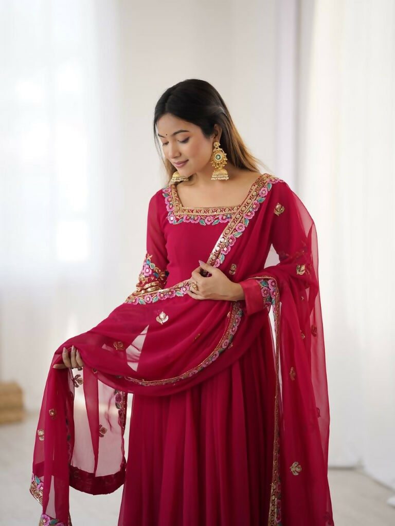 Teeya Creation Rani Color Heavy Georgette Wedding Wear Embroidery Work Long Gown | Grocsy