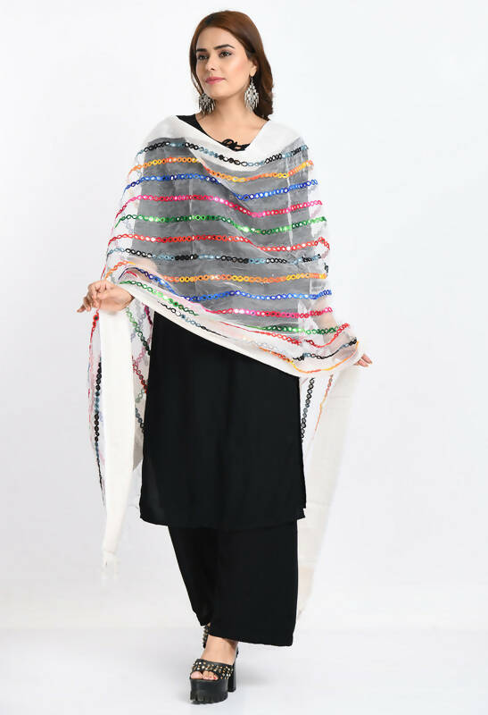 Mominos Fashion Moeza Women's Orgenza Multi Thread Mirror Work White Dupatta | Grocsy