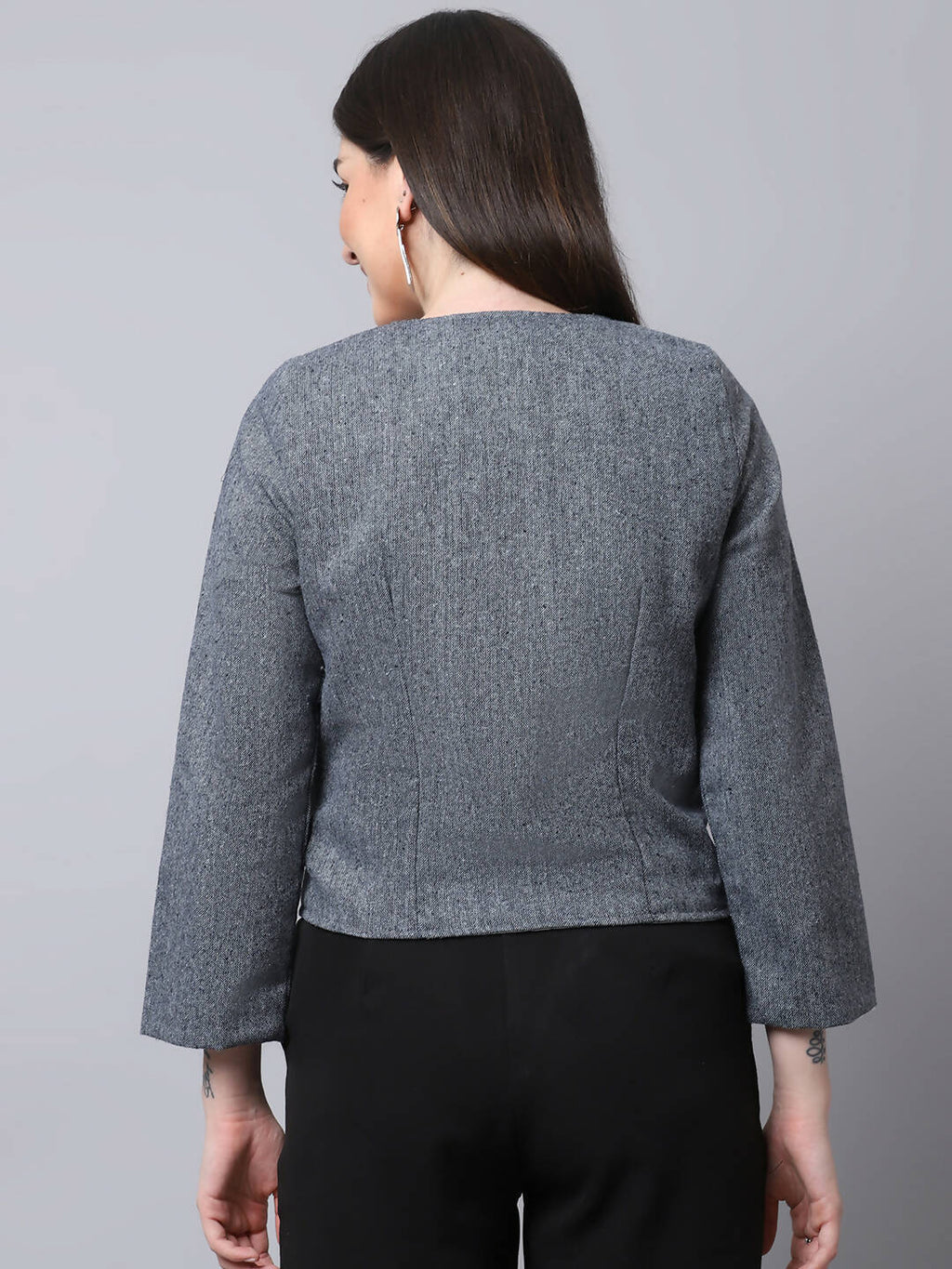 Even Apparels Grey Pure Wool Open Front Statement Jacket | Grocsy