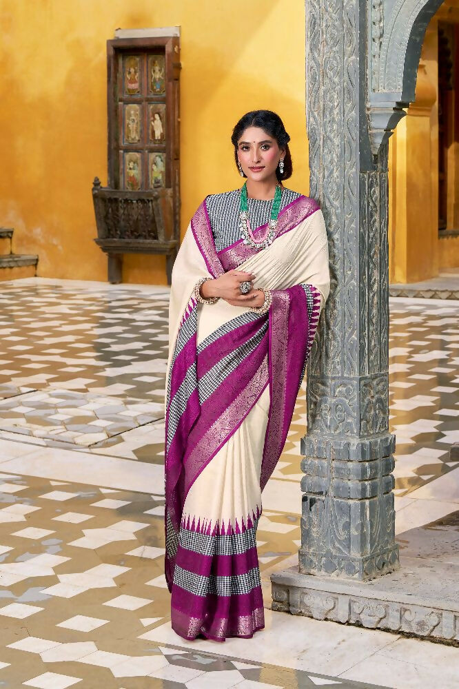 PR Fashion Owt Poly Cotton Printed With Zari Weaving Work Saree | Grocsy