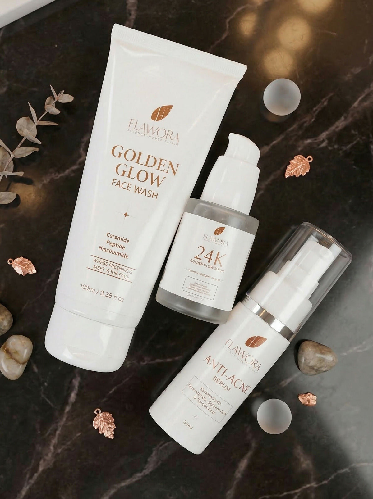 Flawora Set of Golden Glow Face Wash, Anti Acne Serum and 24k Golden Glow Face Serum | Grocsy