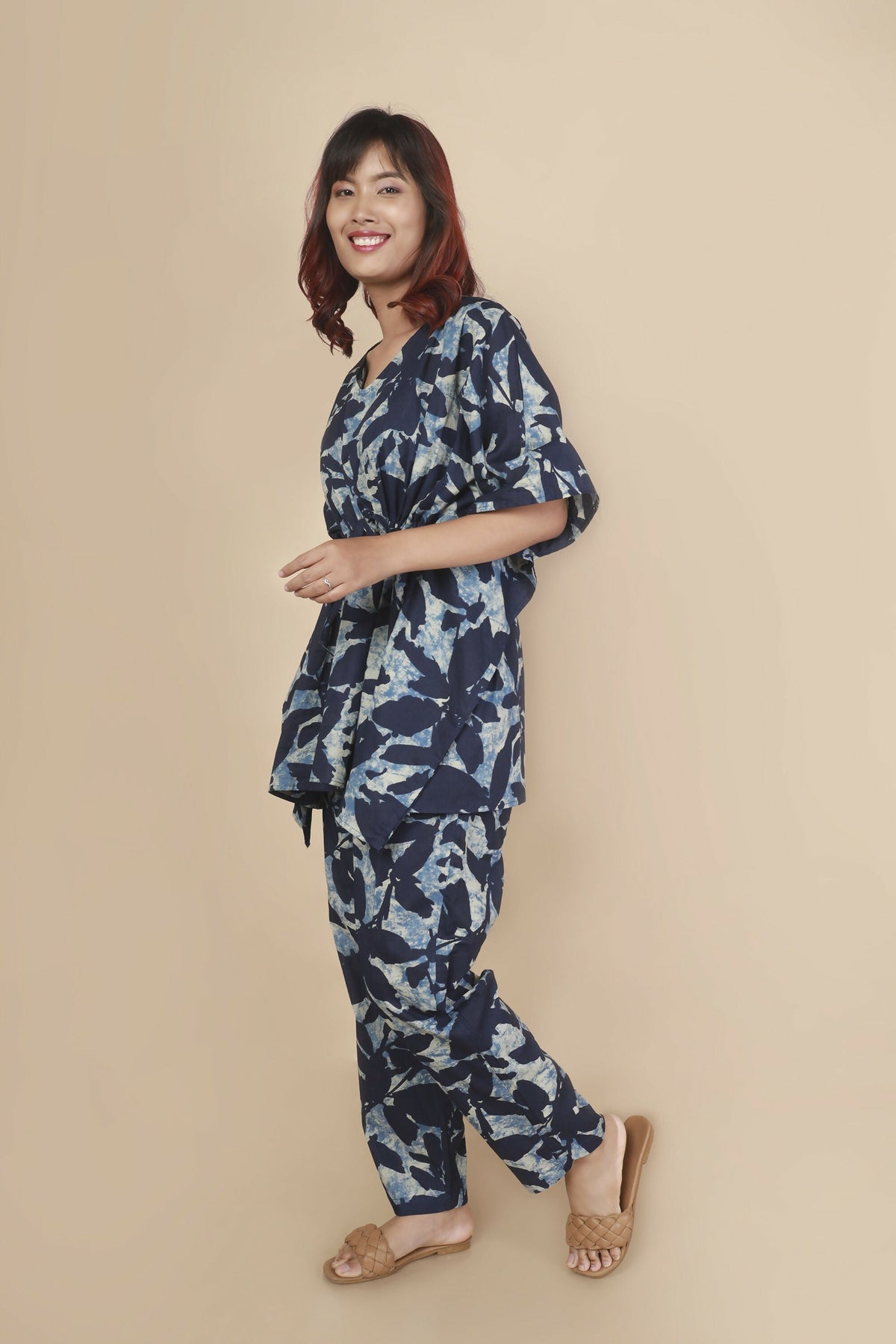 Breathables Women’S Loungewear Kaftan Cotton Blue Floral Print Co-Ord Set | Grocsy