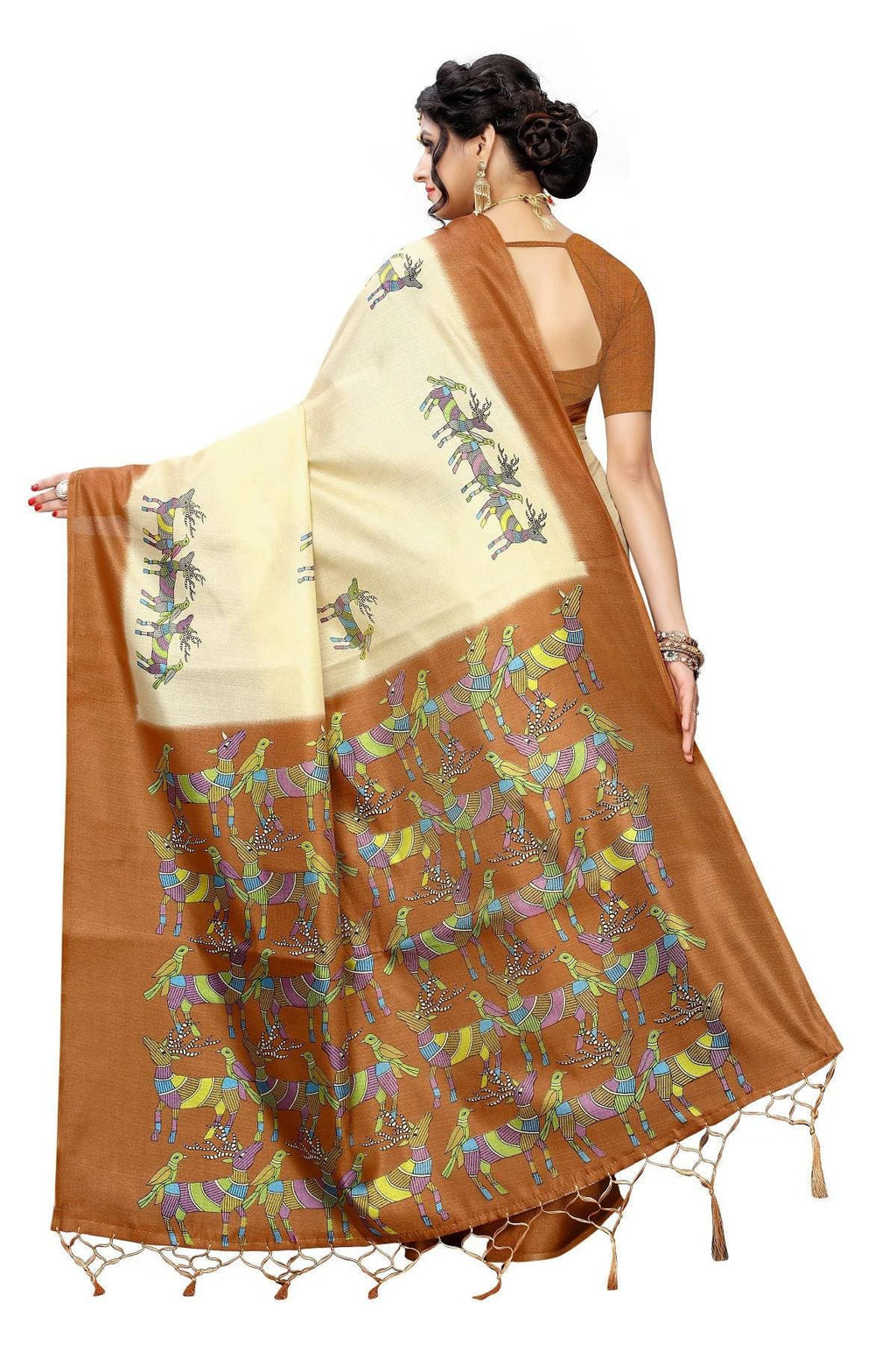 Vamika Multicolor & Brown Kalamkari With Jhalar Khadi Silk Saree | Grocsy
