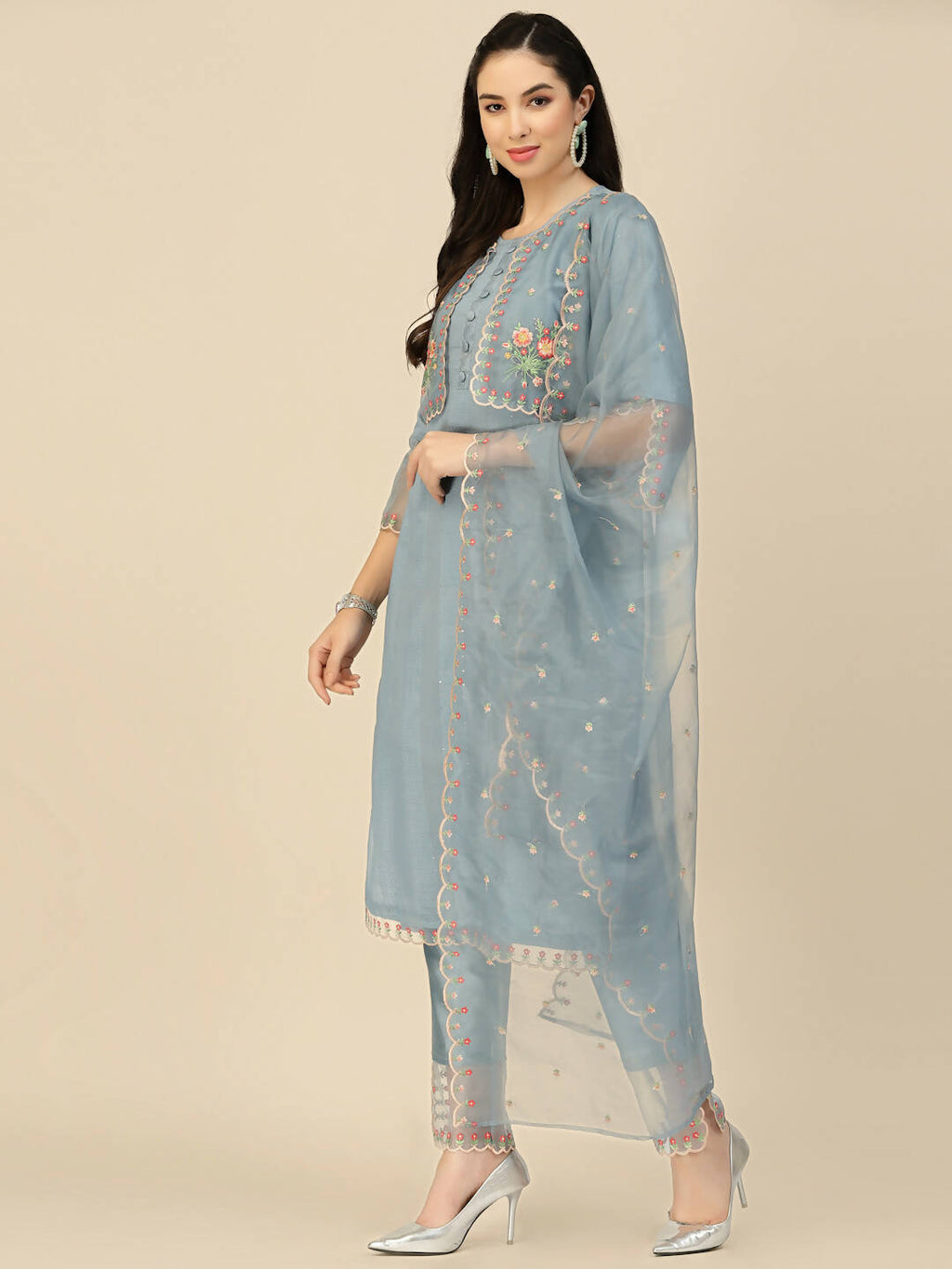 Sky Blue Embroidered Chinon Straight Kurta With Trouser & Dupatta - Salimar | Grocsy