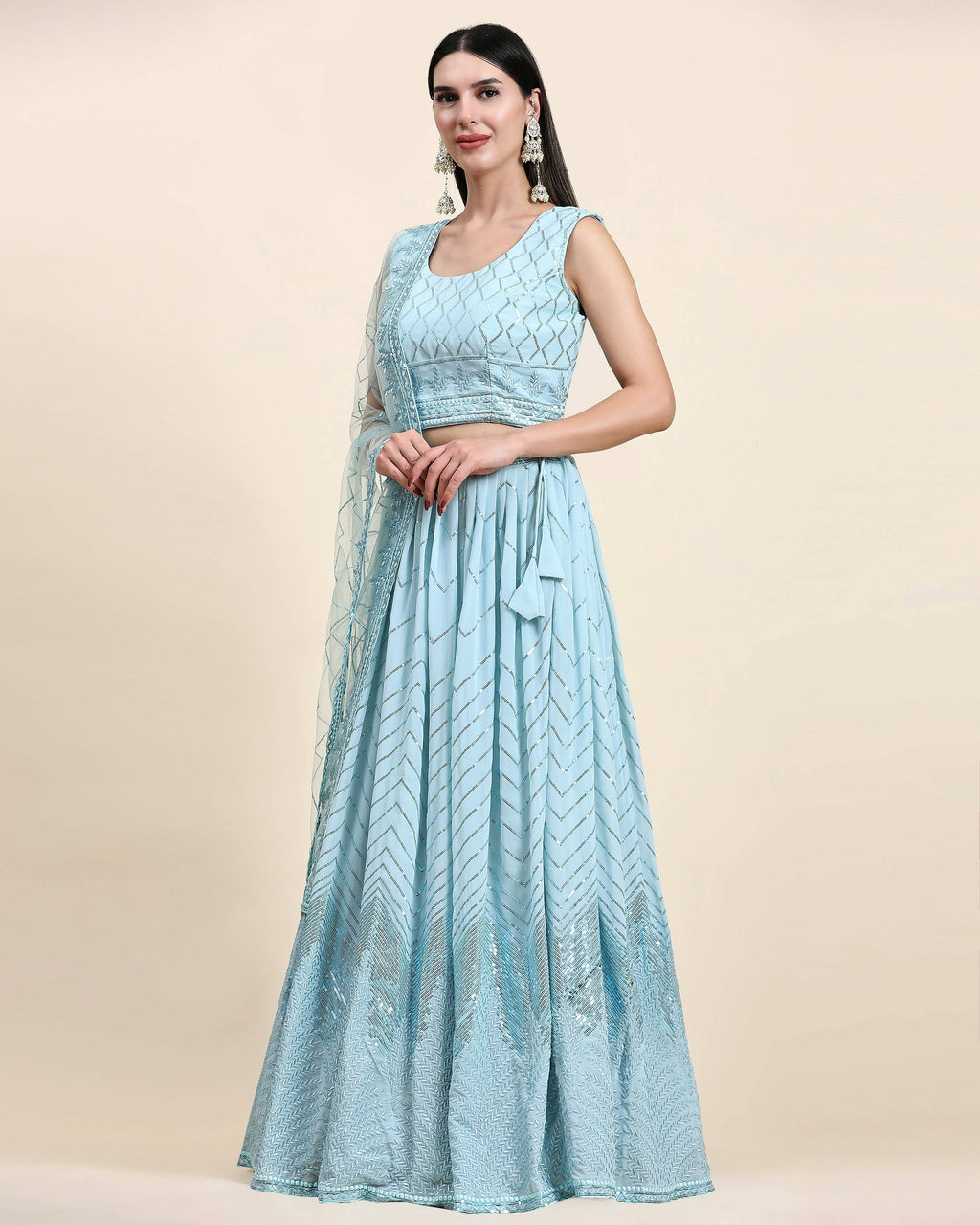 Blue Pure Viscose Georgette Sequence Embroidery work Lehenga Choli with Dupatta - Aakriti | Grocsy