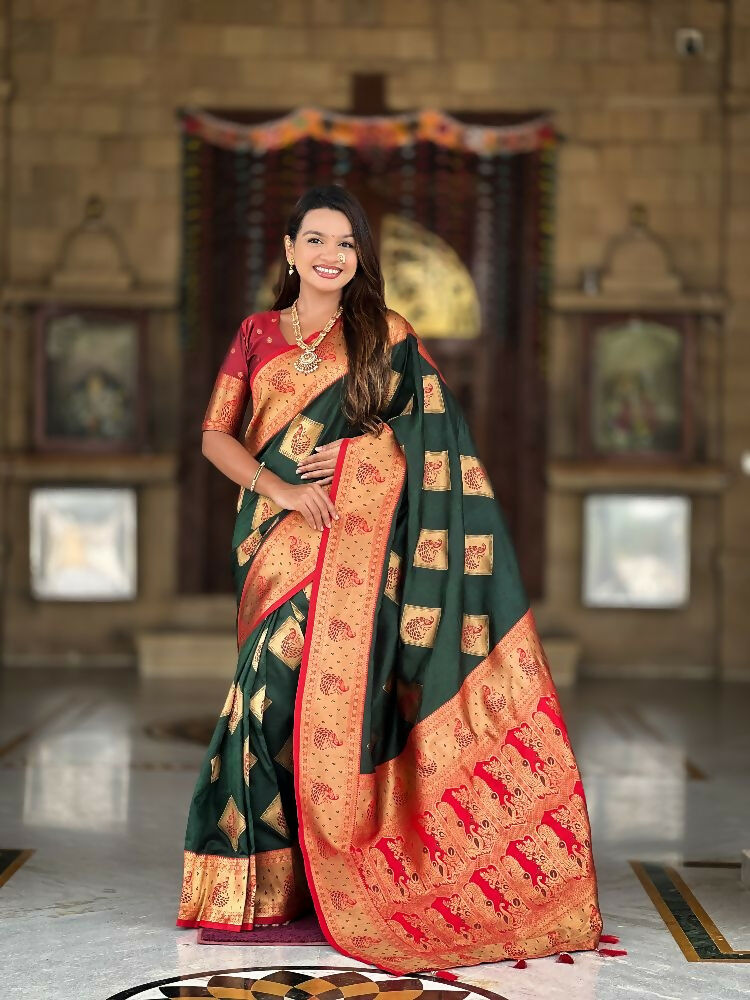 PR Fashion Freen Soft Banarasi Silk With Zari Weaving Meenakari Design Saree | Grocsy