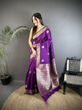 Joban Fashion Purple Floral Jacquard Woven Design Cotton Silk Banarasi Silk Saree | Grocsy