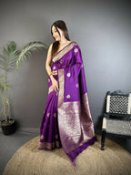 Joban Fashion Purple Floral Jacquard Woven Design Cotton Silk Banarasi Silk Saree | Grocsy