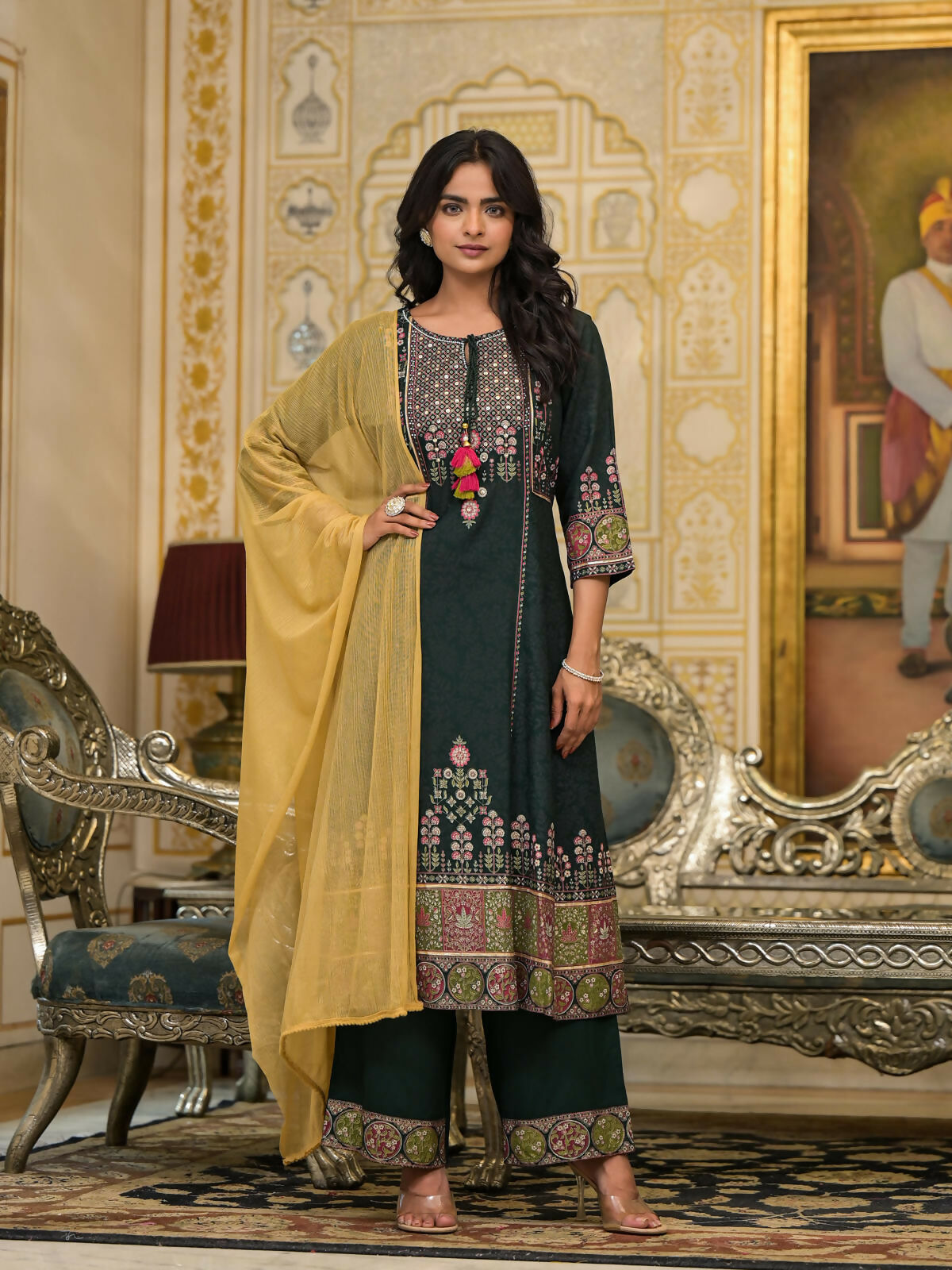 Juniper Women's Green Floral Printed Rayon Kurta Pant With Dupatta Set With Thread Work & Tassels | Grocsy