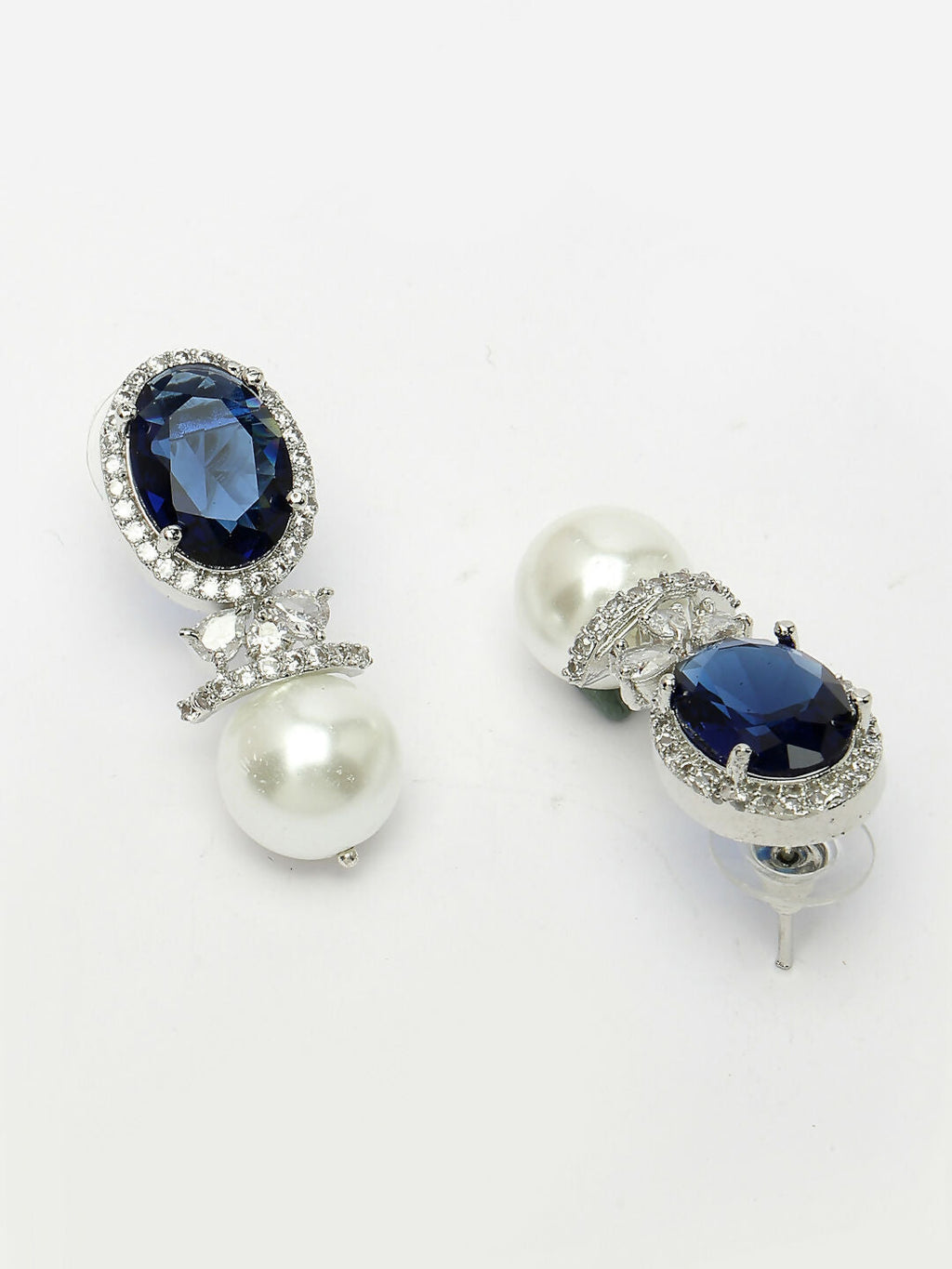 NVR Women's Silver-Plated Blue American Diamond Studded Handcrafted Jewellery Set | Grocsy