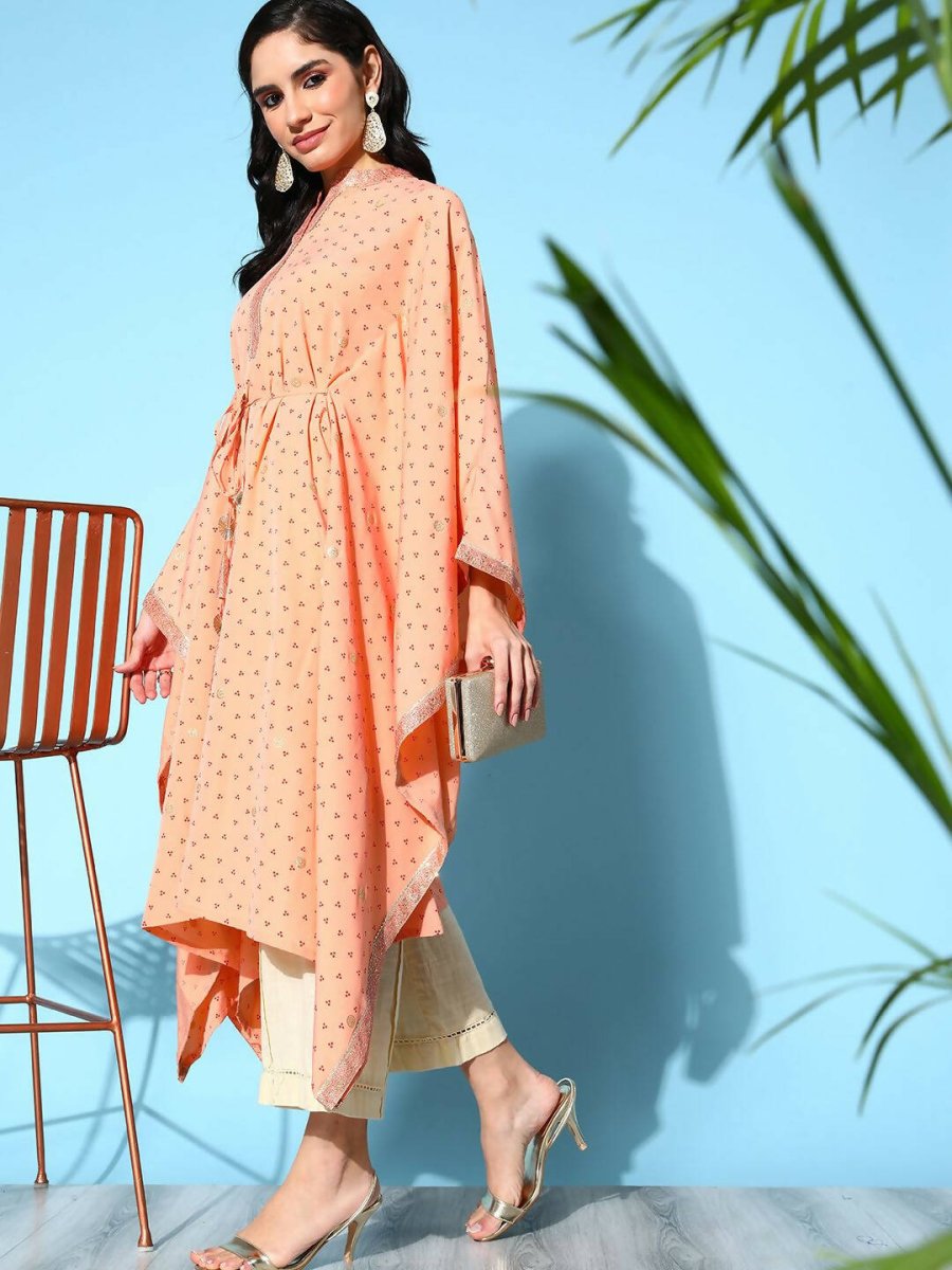 Ahalyaa Women's Peach Crepe Printed Kaftan Kurta | Grocsy