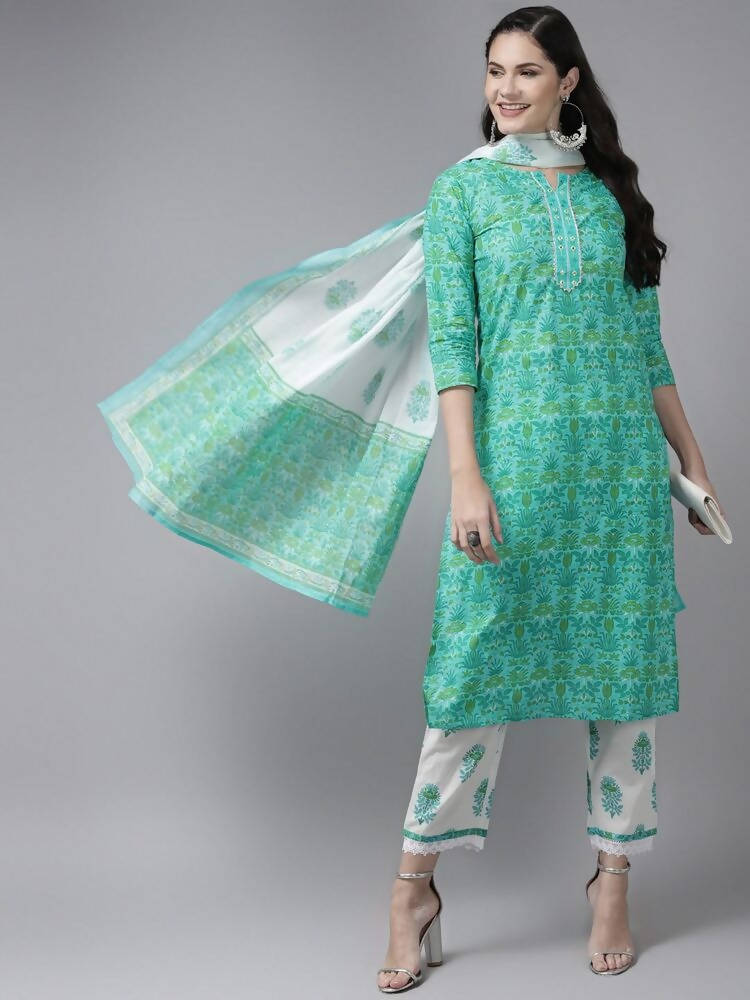 Yufta Green & White Ethnic Motifs Printed Mirror Work Kurta with Palazzo & Dupatta | Grocsy