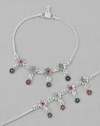 VOJ Set of 2 Silver Plated Meenakari Multi Color Anklet | Grocsy