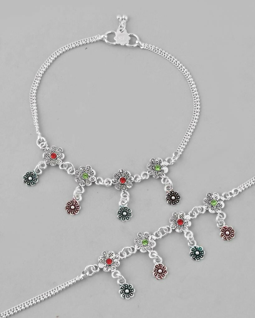 VOJ Set of 2 Silver Plated Meenakari Multi Color Anklet | Grocsy