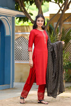 Yufta Women Maroon & Black Thread Work Pure Cotton Kurta with Trousers & With Dupatta | Grocsy