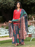 Juniper Women's Rust Thered Embroidered Rayon Kurta Sharara & Voile Dupatta Set | Grocsy
