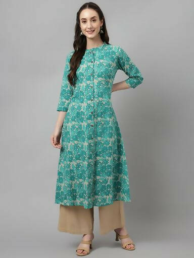 FIORRA Women's Floral Printed Teal Green Pure Cotton Straight Kurta | Grocsy