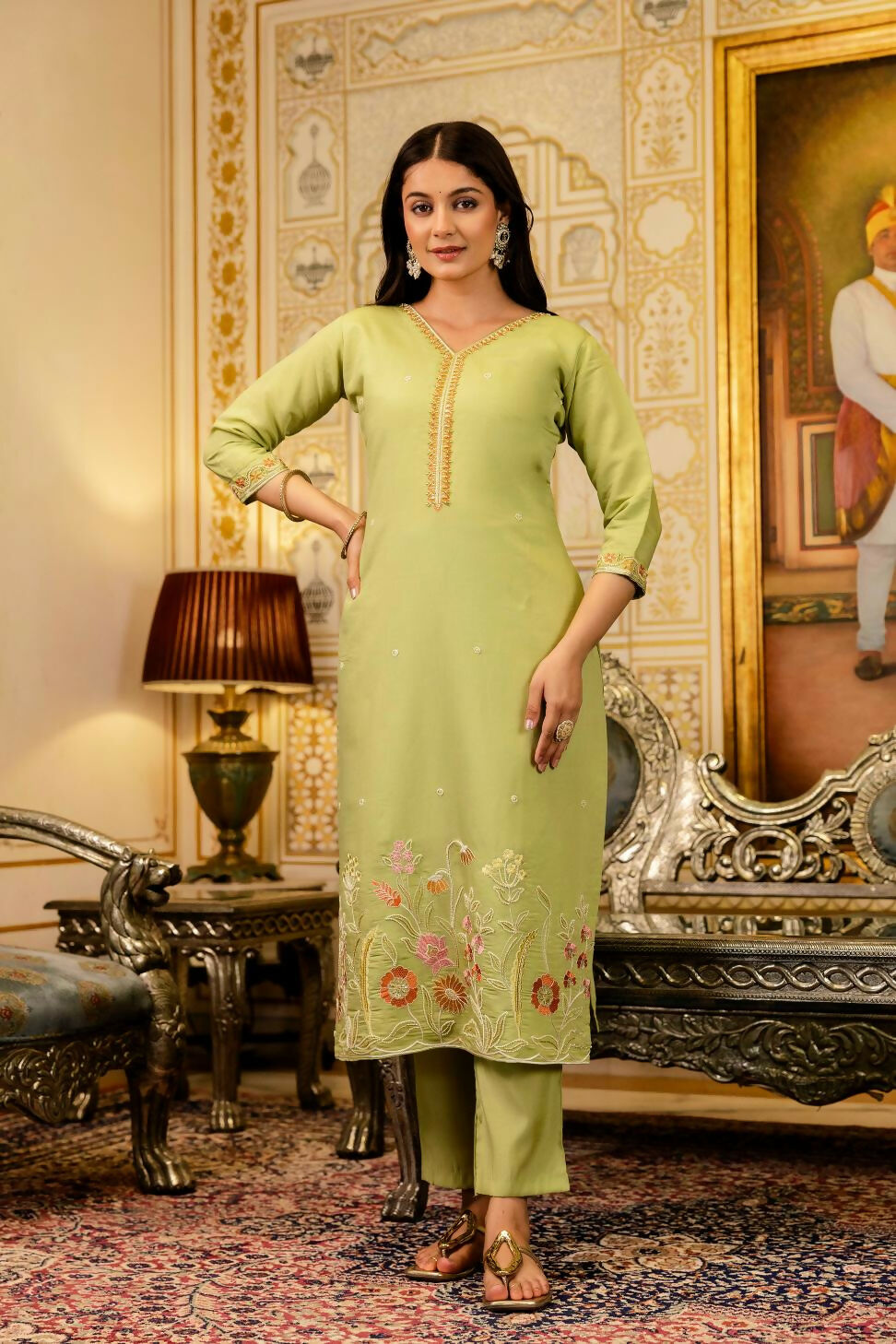 The52 Lemons Women's Beautiful Viscose Shimmer Fabric Embroidered Work Straight Kurta Pant and Dupatta Set | Grocsy