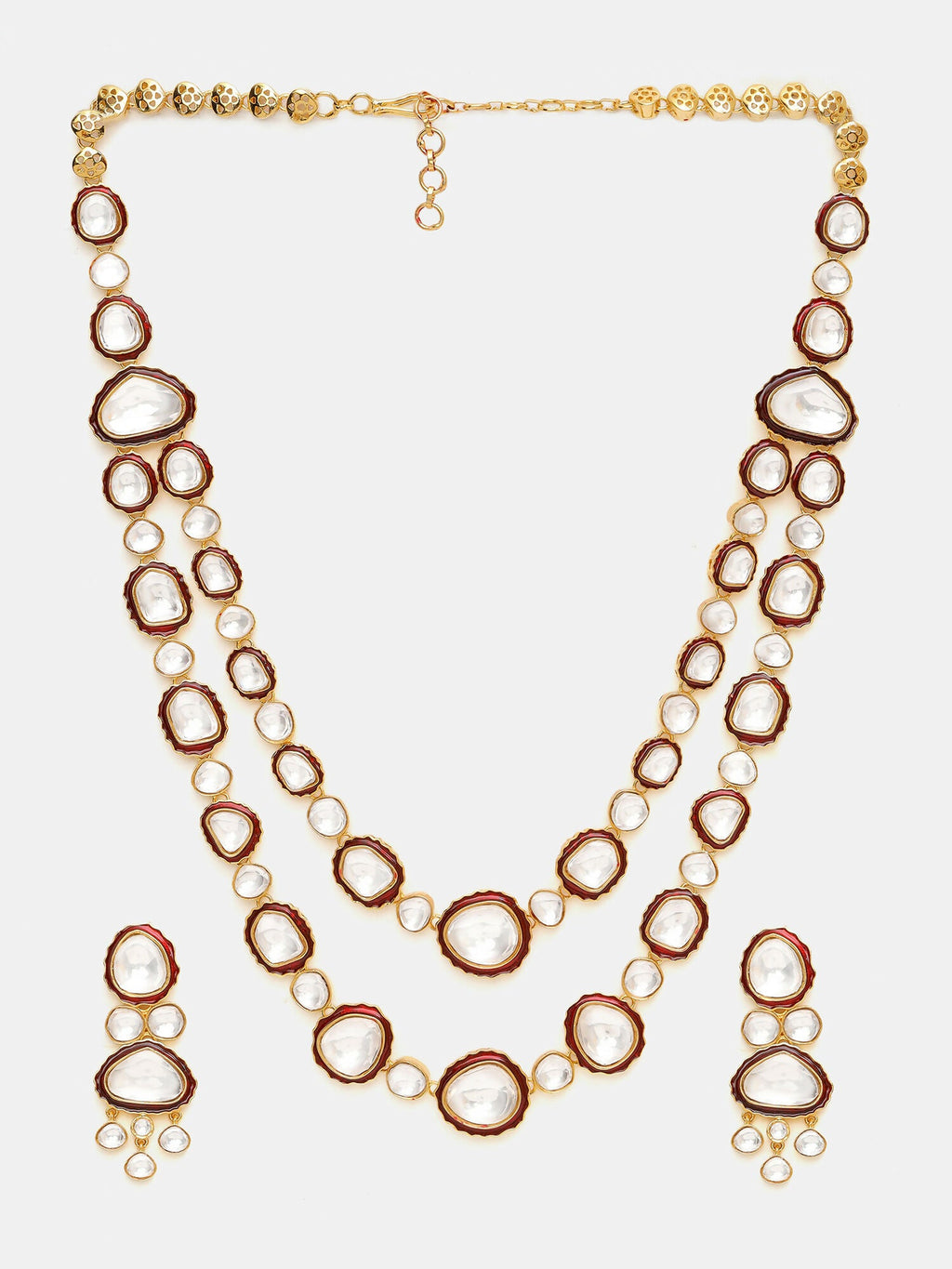 Ruby Raang 22k Gold Polished Red Meenakari Kundan Layered Necklace With Earrings & Maang Tikka | Grocsy