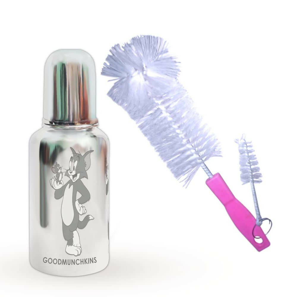 Goodmunchkins Stainless Steel Baby Feeding Bottle 304 Grade for Infants/Toddlers with Bottle Cleaning Pink Brush-220ml | Grocsy