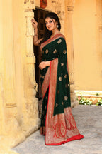 Joban Fashion Emerald Green Crepe Chiffon Pure Handloom Banarasi Silk Saree | Grocsy