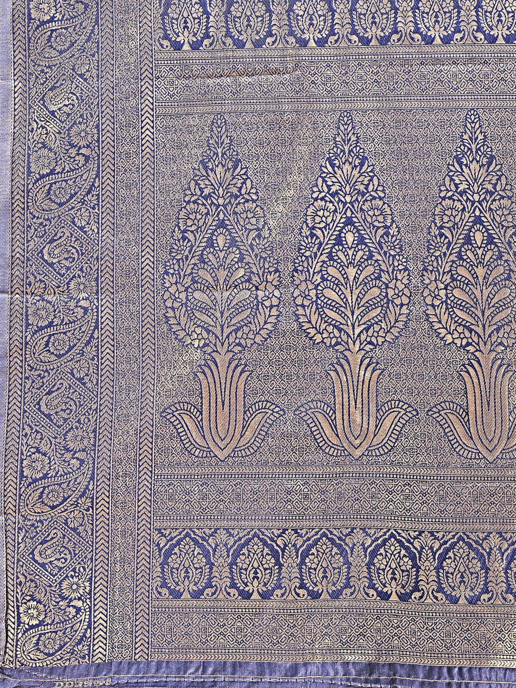 Shree Shyam Fashion Aura Silk Cream Navy Blue Banarasi Silk Saree | Grocsy