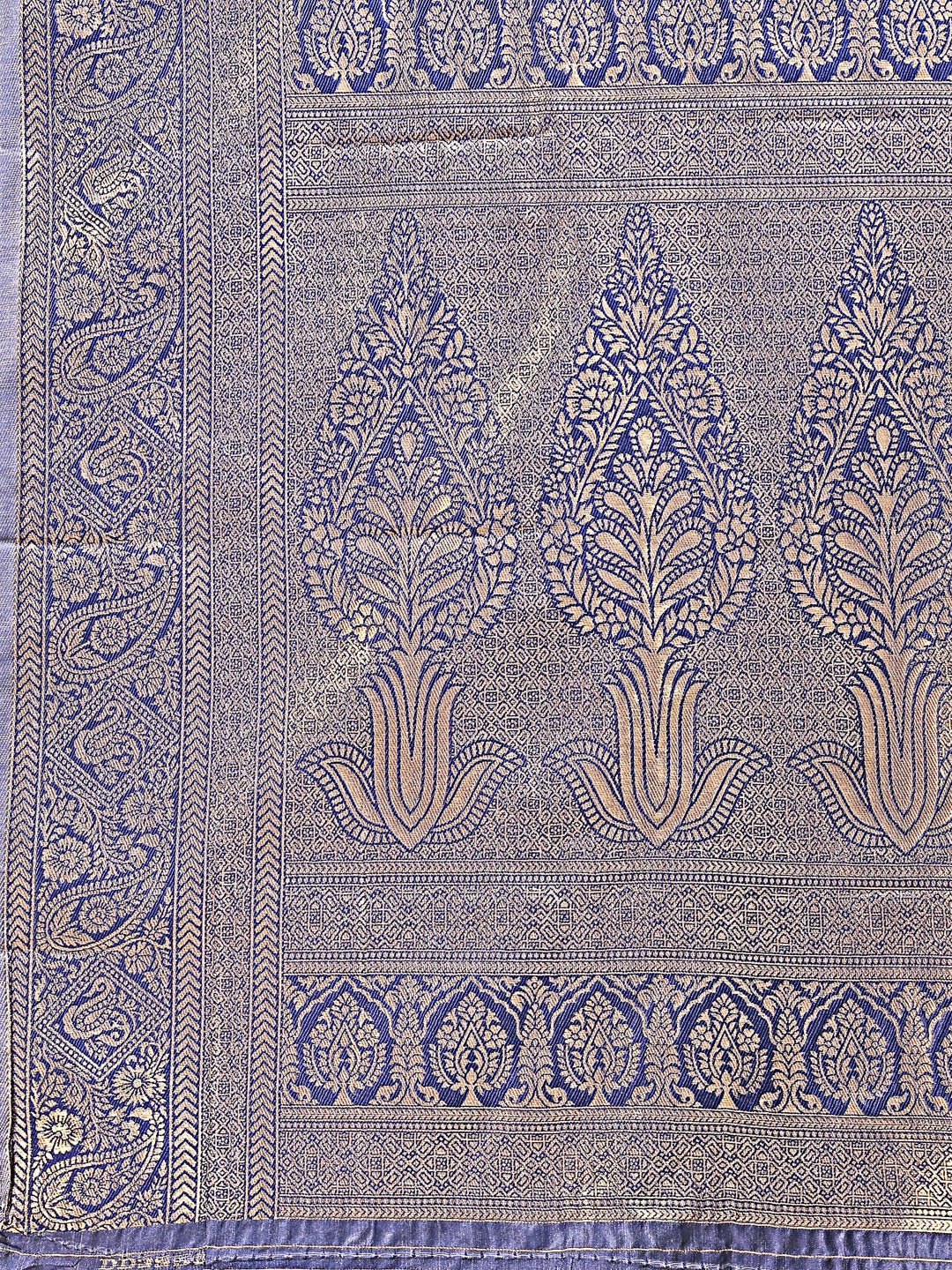 Shree Shyam Fashion Aura Silk Cream Navy Blue Banarasi Silk Saree | Grocsy