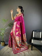 Joban Fashion Dark Pink Zari Woven Floral Motifs Soft Silk Paithani Silk Saree | Grocsy
