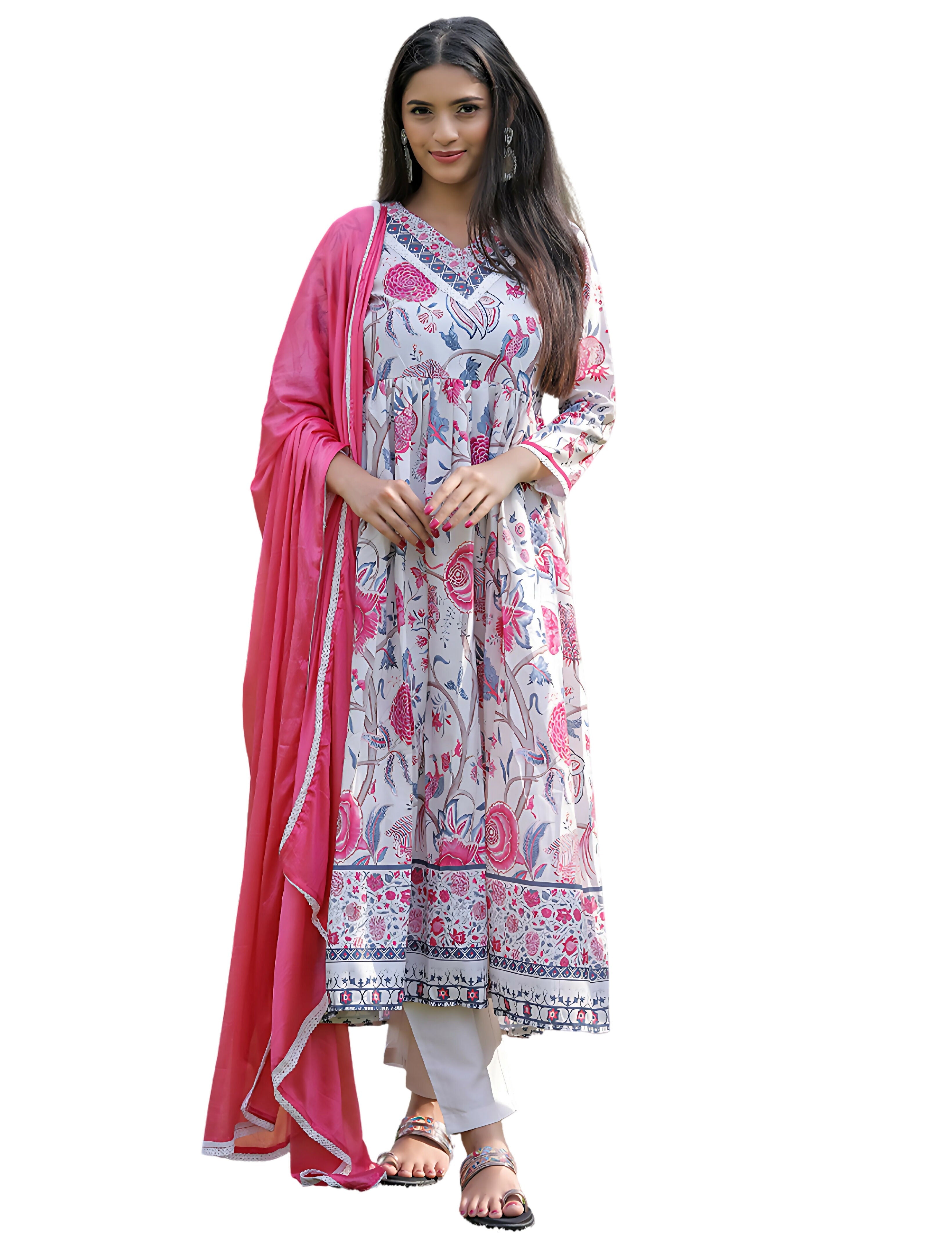 The52 Women's Beautiful Rayon Fabric Printed Work Flared Kurta Pant and Dupatta Set | Grocsy