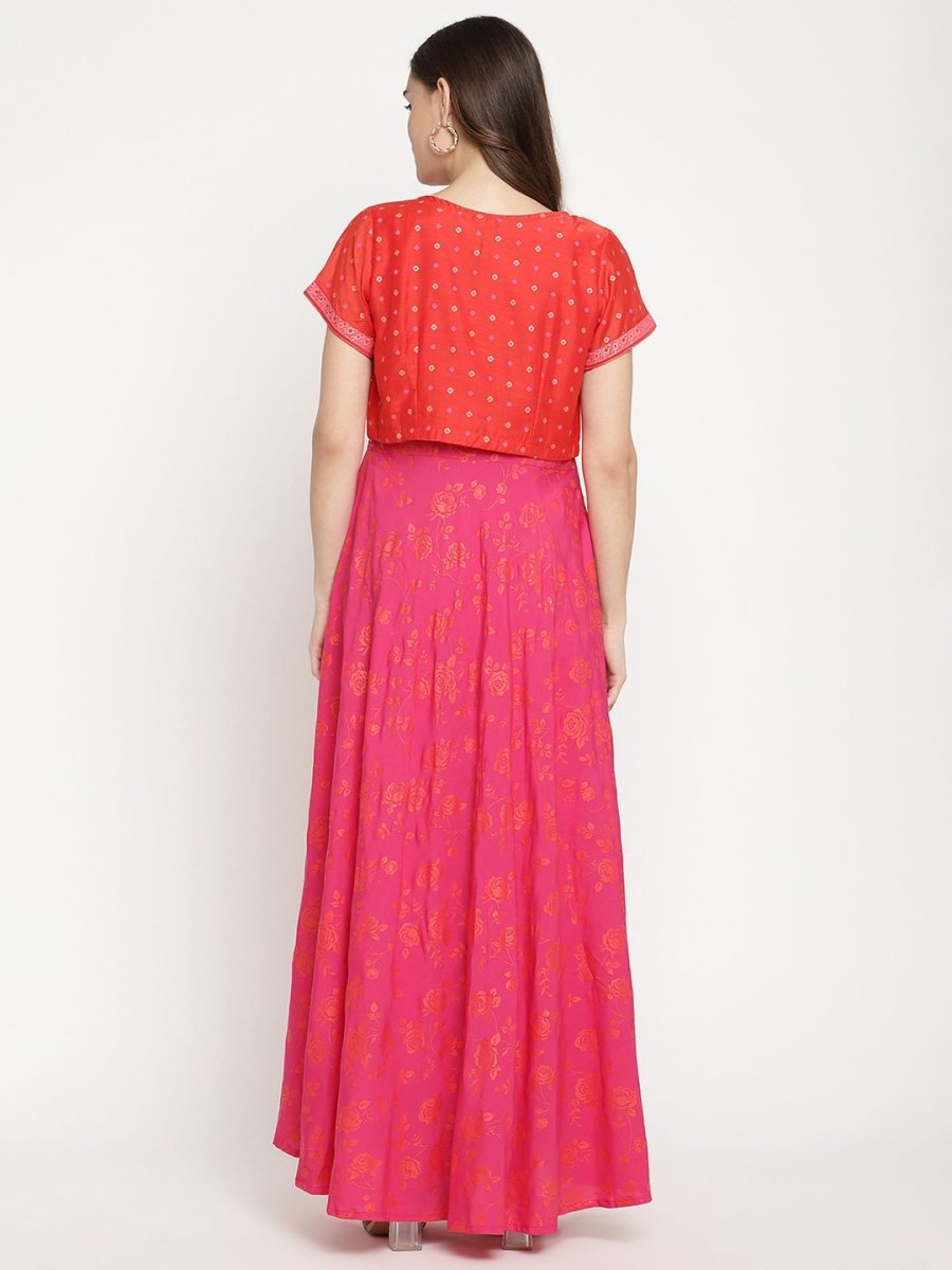 Ahalyaa Pink Crepe Orange khari Print Kurta with Jacket | Grocsy