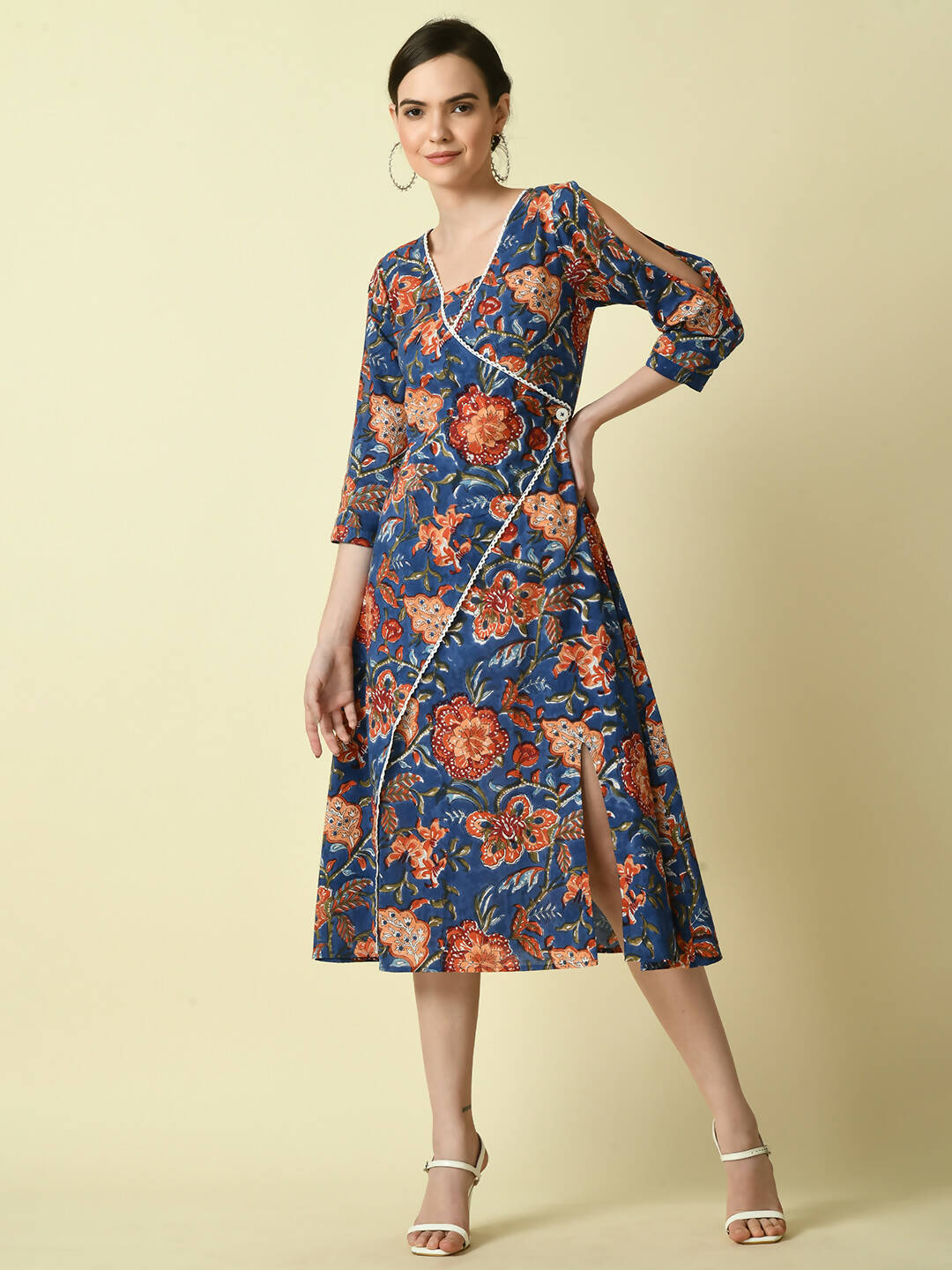 Myshka Women's Blue Floral Printed A-Line Dress | Grocsy