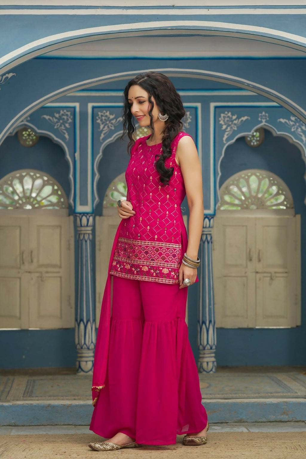 Juniper Ethnic Motif Printed Georgette Kurta Sharara & Chiffon Dupatta Set With Thread Work Embroidery | Grocsy