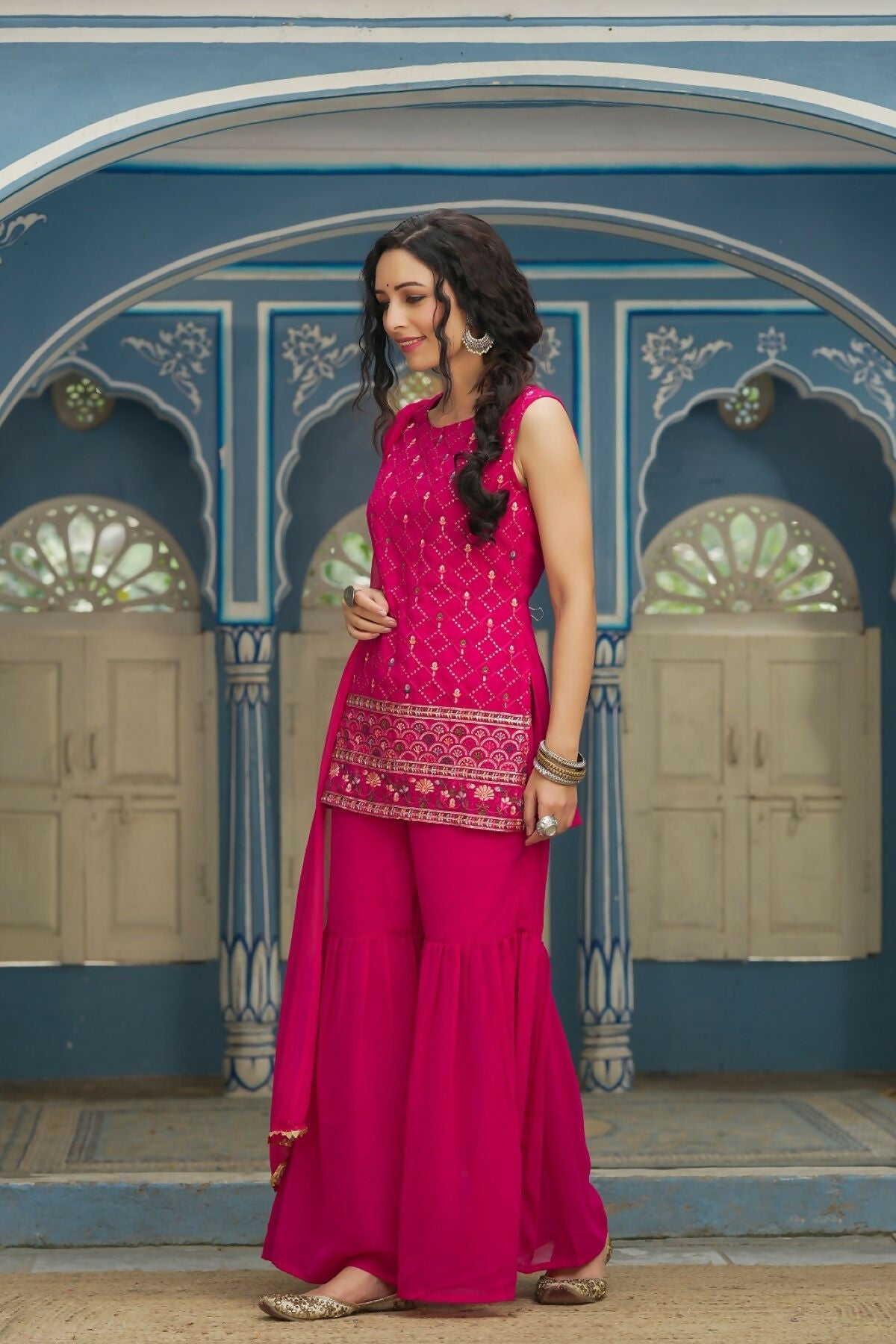 Juniper Ethnic Motif Printed Georgette Kurta Sharara & Chiffon Dupatta Set With Thread Work Embroidery | Grocsy