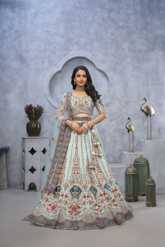 Kesar Fab Blue Silk Embroidered Lehenga | Grocsy