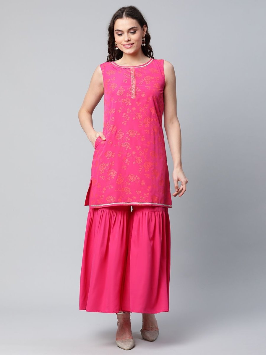 Ahalyaa Pink Crepe Orange khari Print Kurta Sharara Set With Dupatta | Grocsy