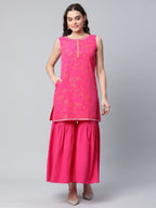 Ahalyaa Pink Crepe Orange khari Print Kurta Sharara Set With Dupatta | Grocsy