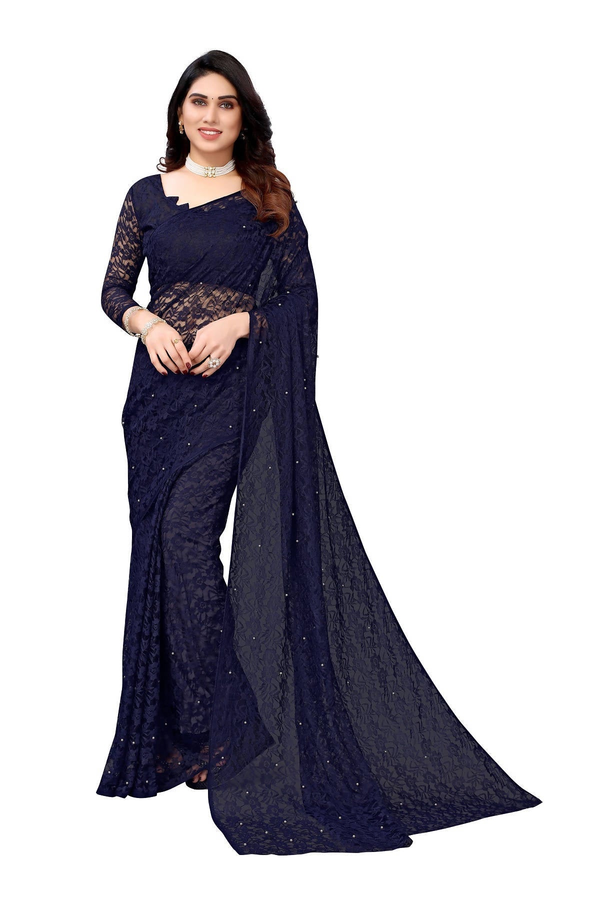 Vamika Ethnic Fire Navy Pearls Net Saree | Grocsy