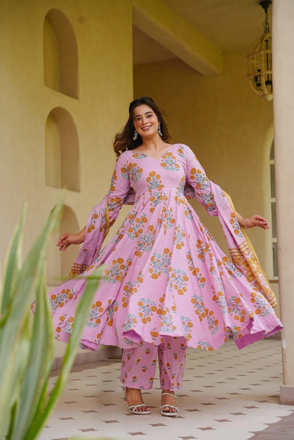 Aayaa Multi Cotton Silk Designer Full Flaired Printed Kurta Set with Dupatta | Grocsy