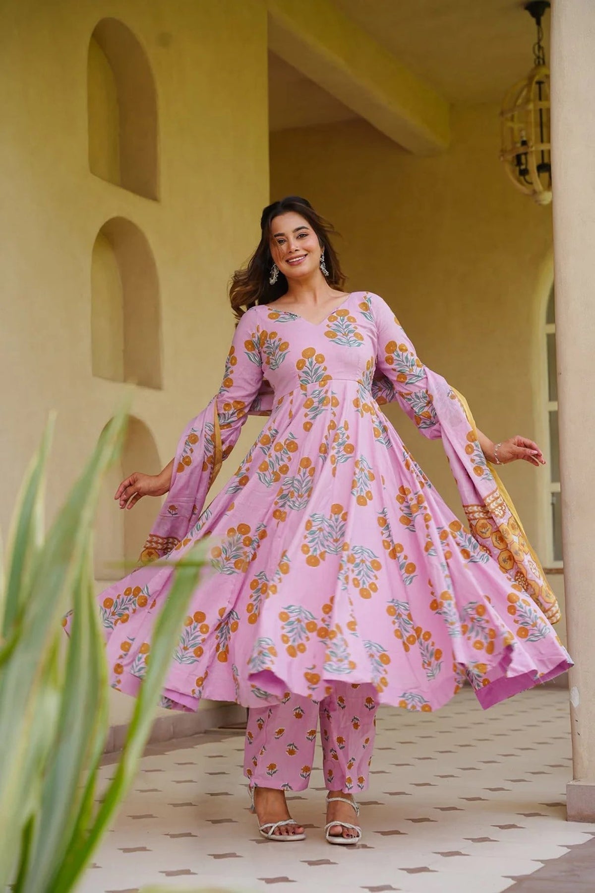 Aayaa Multi Cotton Silk Designer Full Flaired Printed Kurta Set with Dupatta | Grocsy