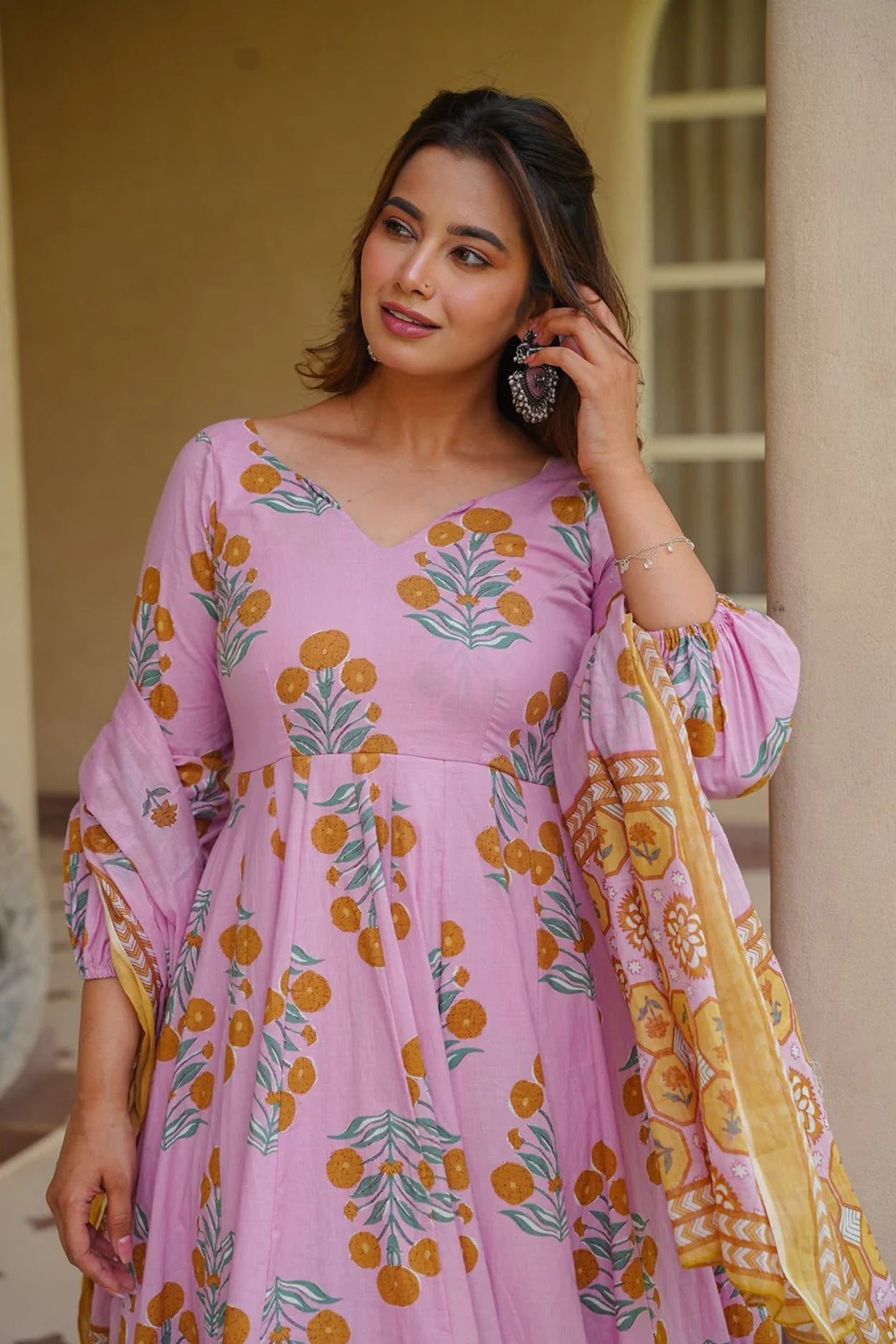 Aayaa Multi Cotton Silk Designer Full Flaired Printed Kurta Set with Dupatta | Grocsy
