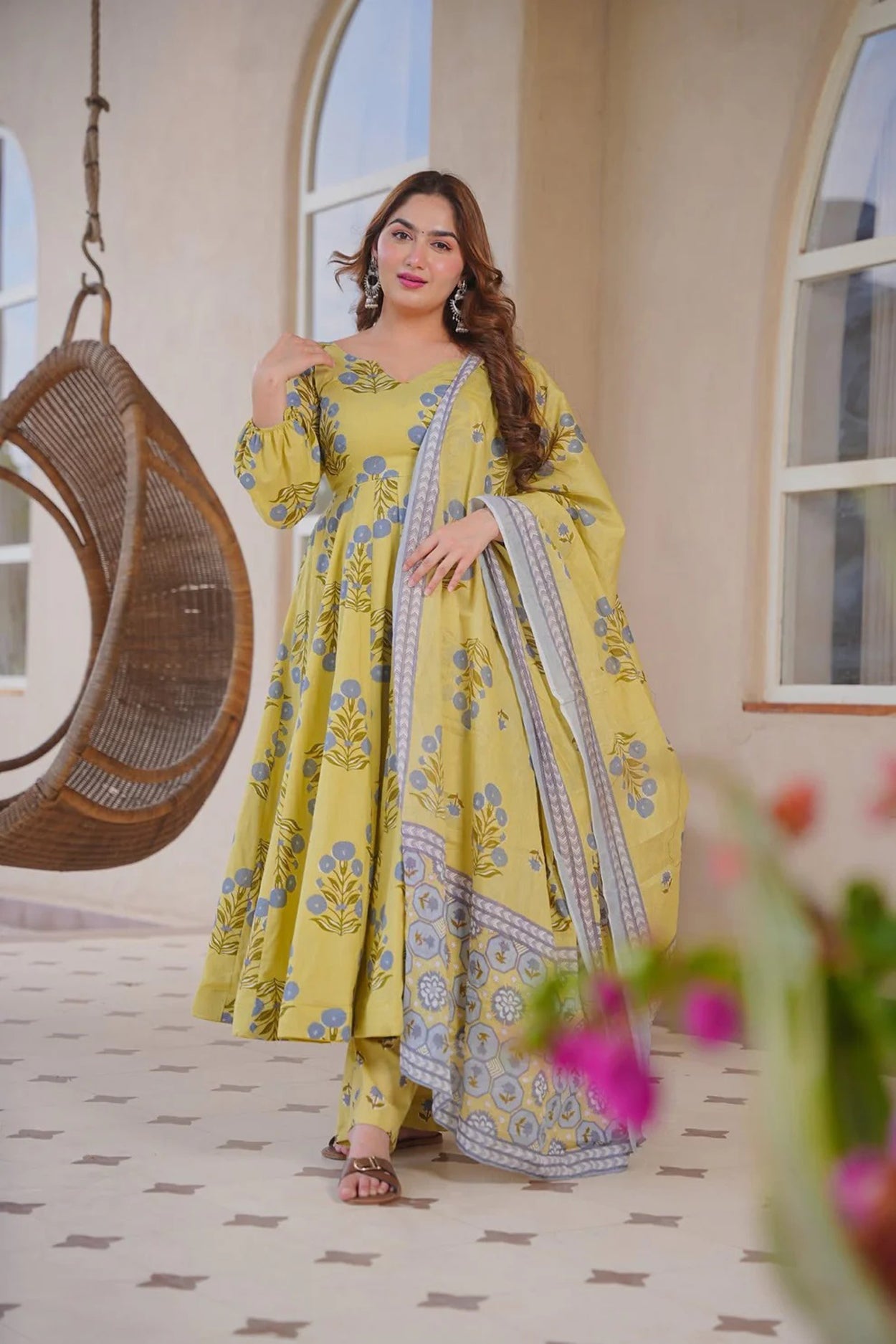 Aayaa Multi Cotton Silk Designer Full Flaired Printed Kurta Set with Dupatta | Grocsy