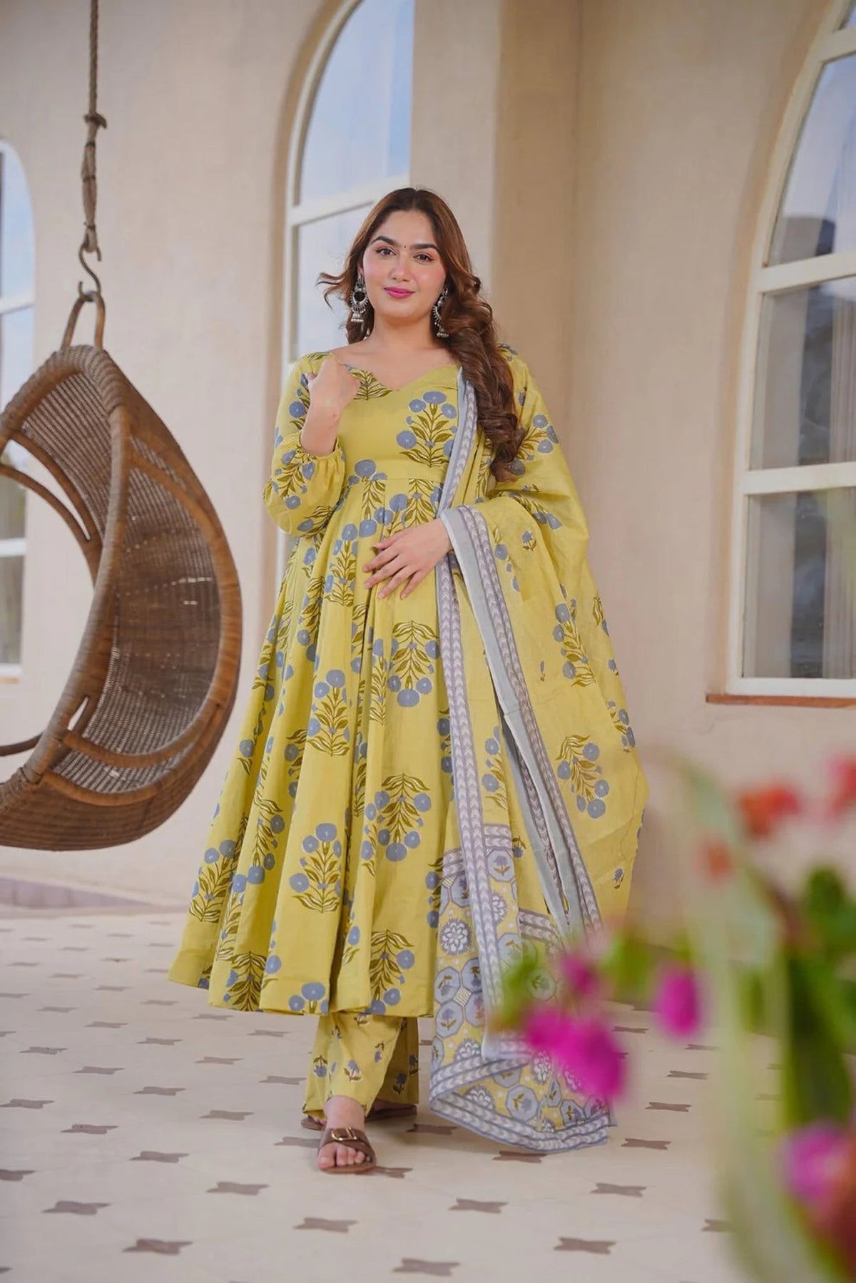Aayaa Multi Cotton Silk Designer Full Flaired Printed Kurta Set with Dupatta | Grocsy
